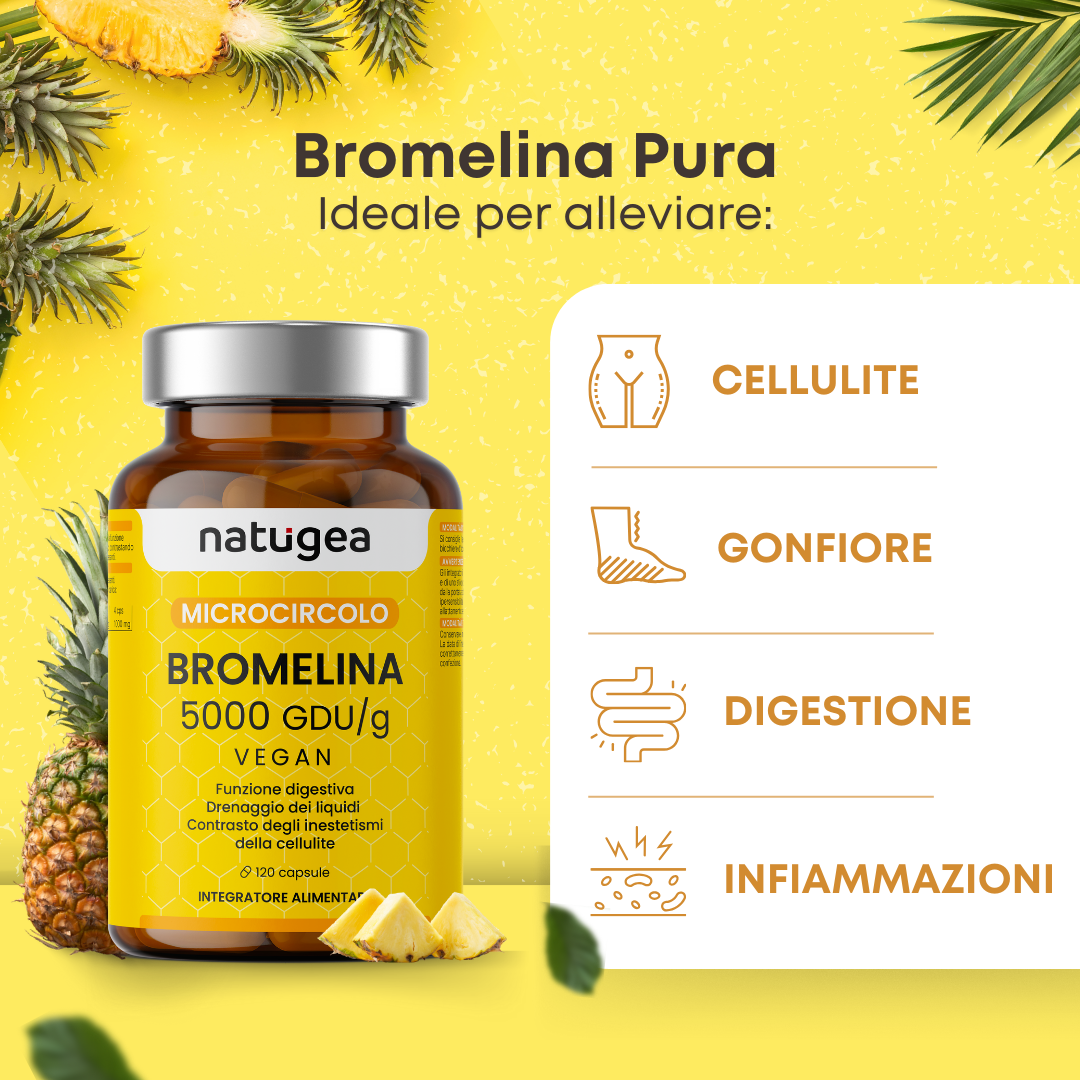 Bromelina Forte Drenante 5000 GDU/g reali. Vegana. Detox Drenante Forte Anticellulite. Una Soluzione Naturale per una Silhouette Invidiabile