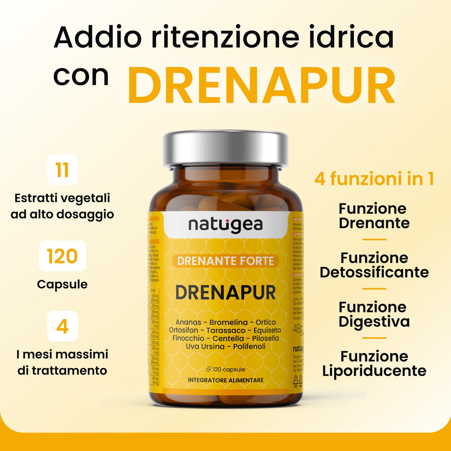 DRENANTE. Bromelina forte drenante 2500 GDU. Detox e Diuretico contro la Ritenzione Idrica, cellulite e gambe. DRENAPUR® 11 Attivi in 120 cps Vegetali