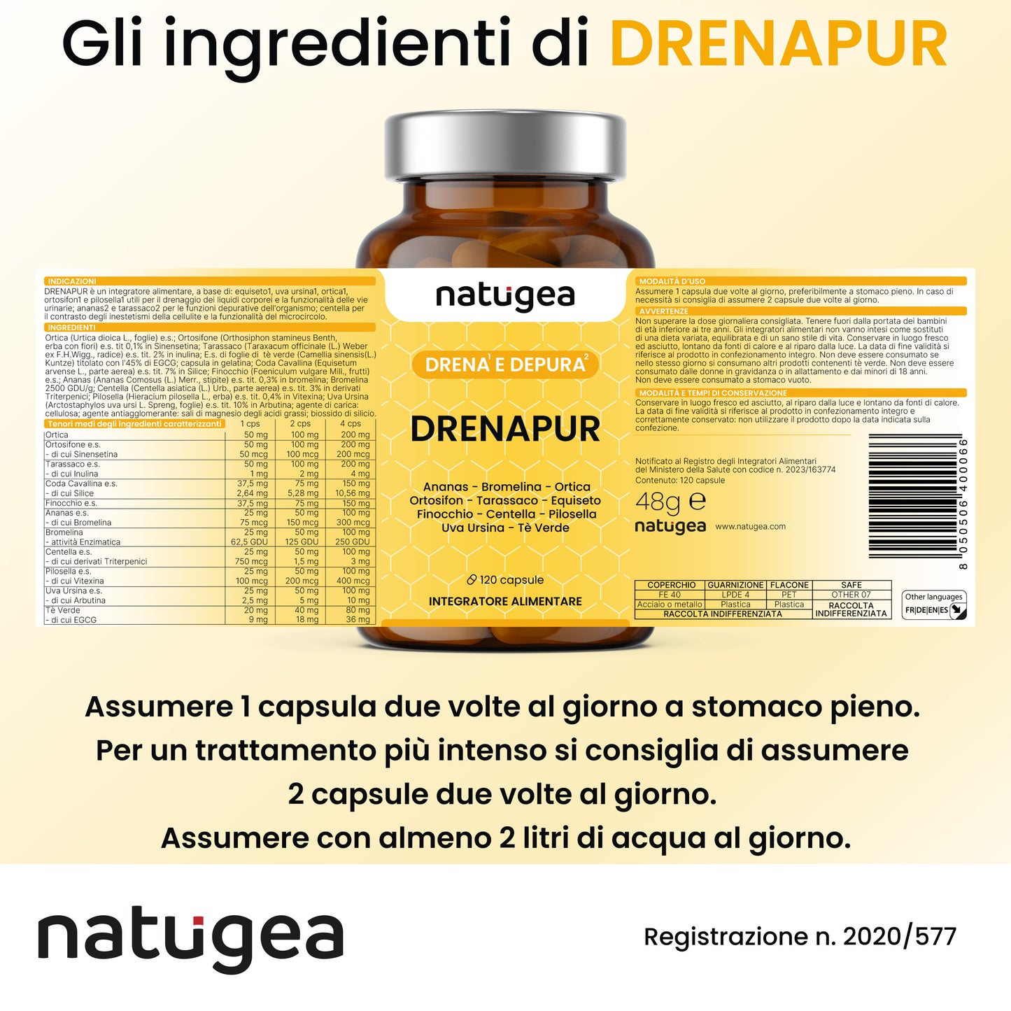 DRENANTE. Bromelina forte drenante 2500 GDU. Detox e Diuretico contro la Ritenzione Idrica, cellulite e gambe. DRENAPUR® 11 Attivi in 120 cps Vegetali