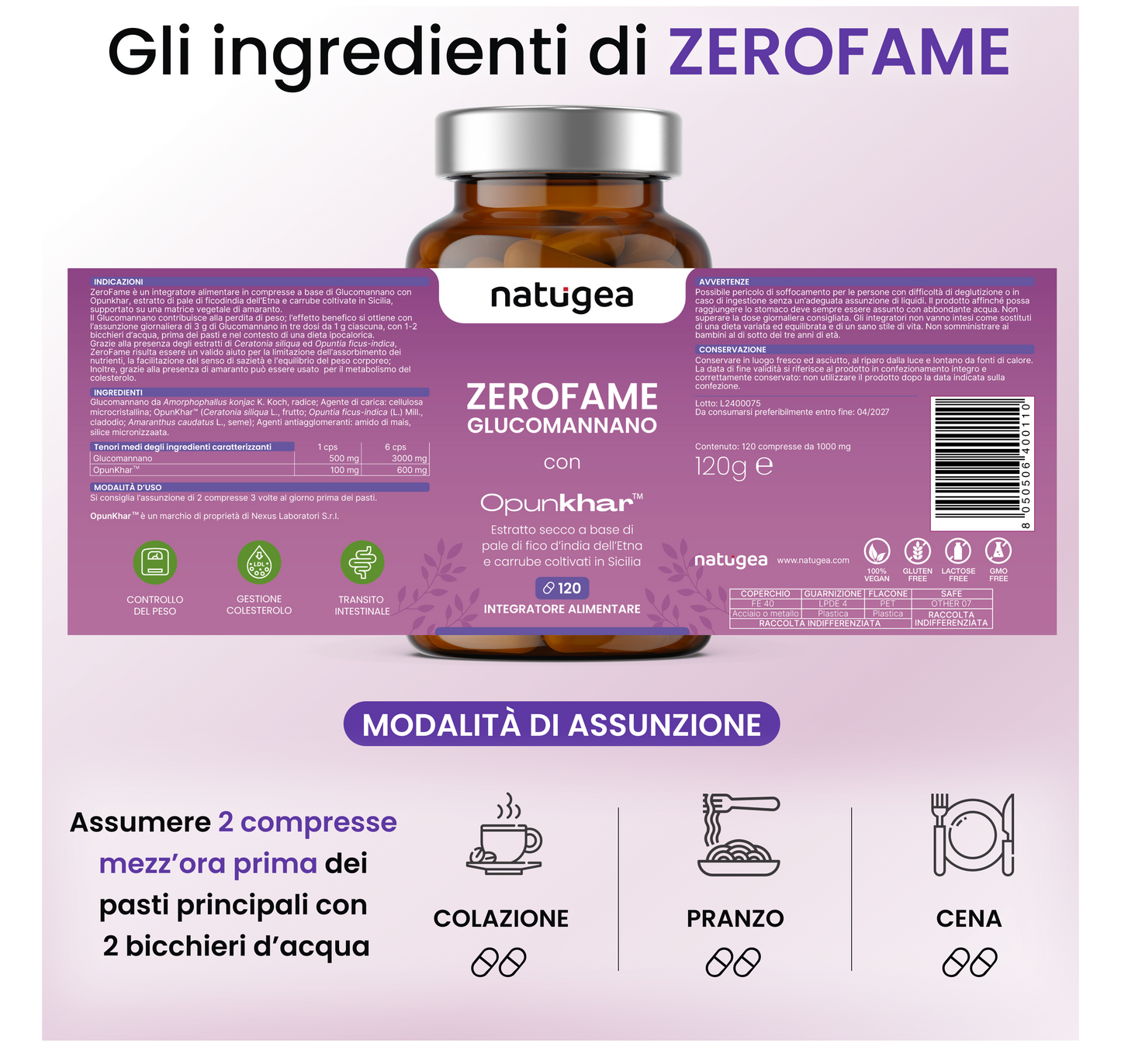 Glucomannano ZEROFAME® Arricchito con Pale di fico d'india dell'Etna e Carrube siciliane. Vegano, Fibra Saziante Vegetale ad Alto Dosaggio.